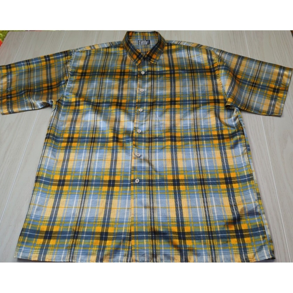 Trust Made Korea vintage men's XL blue yellow plaid Button front Shirt polyester - Picture 8 of 12